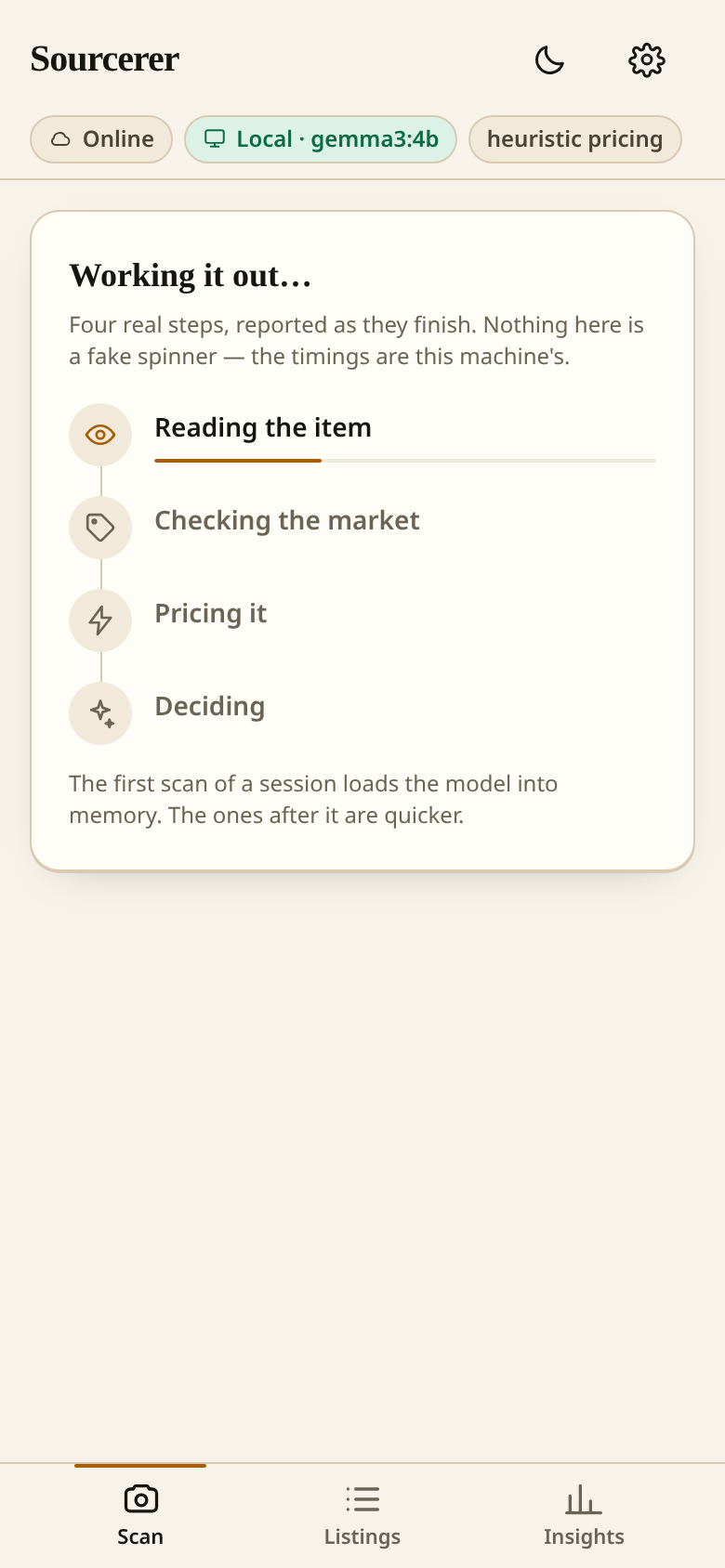 The capture screen with an item description and an asking price typed in