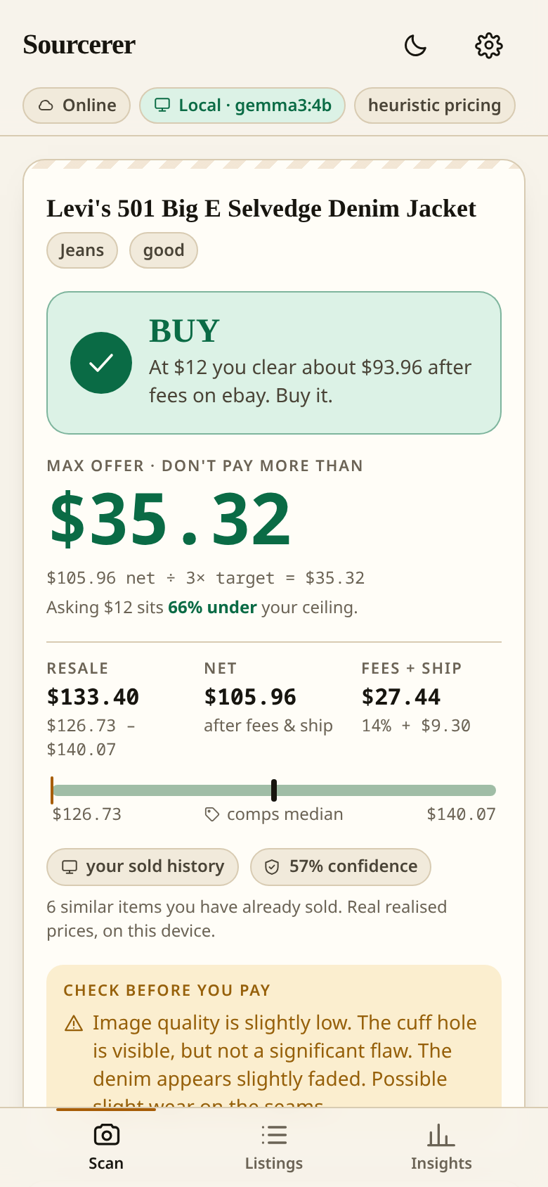 Sourcerer verdict card: a Pendleton wool board shirt, verdict MAYBE, max offer $14.12, estimated resale $59.80