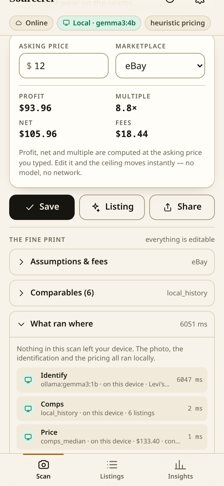 Comparables and a what-ran-where log showing every step ran on the device