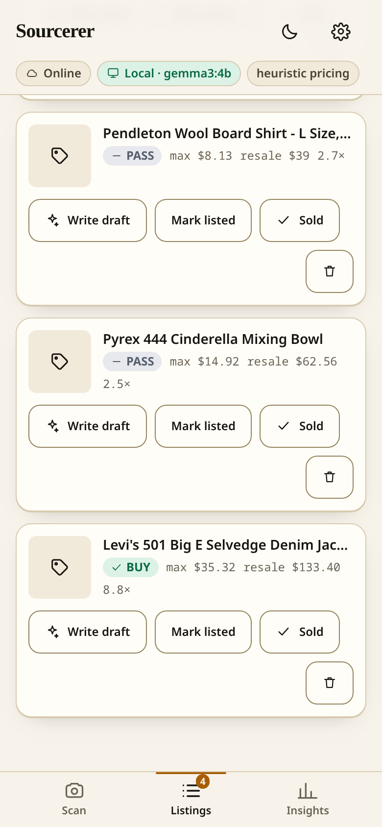 The listings queue with generated drafts